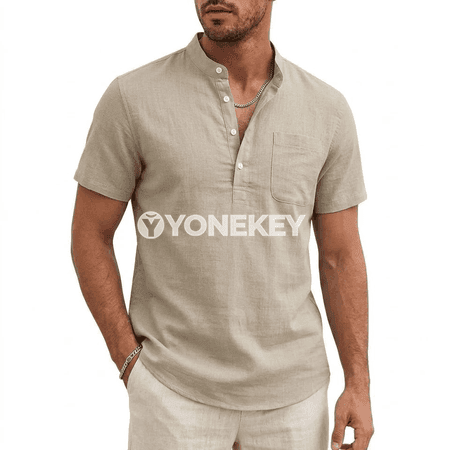 Erkekler üçin ýeňil Henley futbolka, gysga ýeňli, tomusky