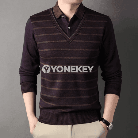 Erkekler üçin polo boýunly ýyly fleece switer, zolakly