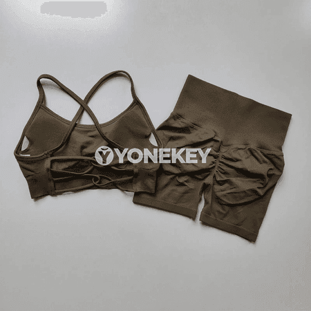 Aýallar üçin 2 bölekli tikinsiz ýoga toplumy, sport bra we şortik