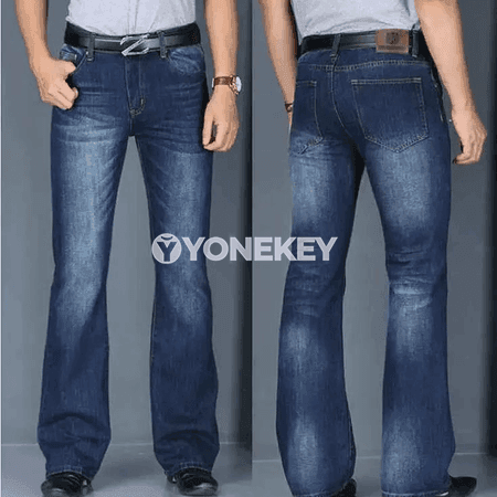 Erkekler üçin giň balaç jyns jalbar, klasiik flar görnüşli denim