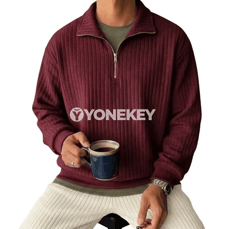 Erkekler üçin zolakly fermuarly polo ýaka sweatshirt
