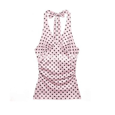 Zenanlar üçin polka nokatly ýeňsiz top, açyk eginli, tomusky