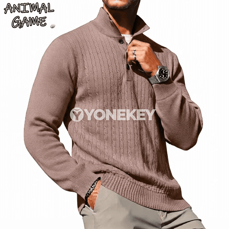 Erkekler üçin ýyly polosaly örme switer, uzyn ýeňli, güýz-gyş modeli