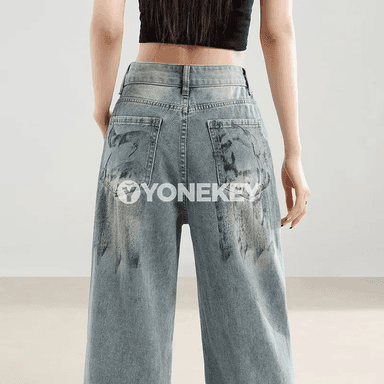 Aýal-gyzlar üçin ýokary belli giň pera balak, retro denim