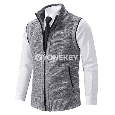 Erkekler üçin örülen ýeňsiz ýyly köýnekçe, fermuarly, goýy boýunly