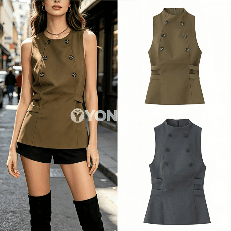 Zenanlar üçin ýeňsiz düwmejikli slim fit ýaz‑tomus topy