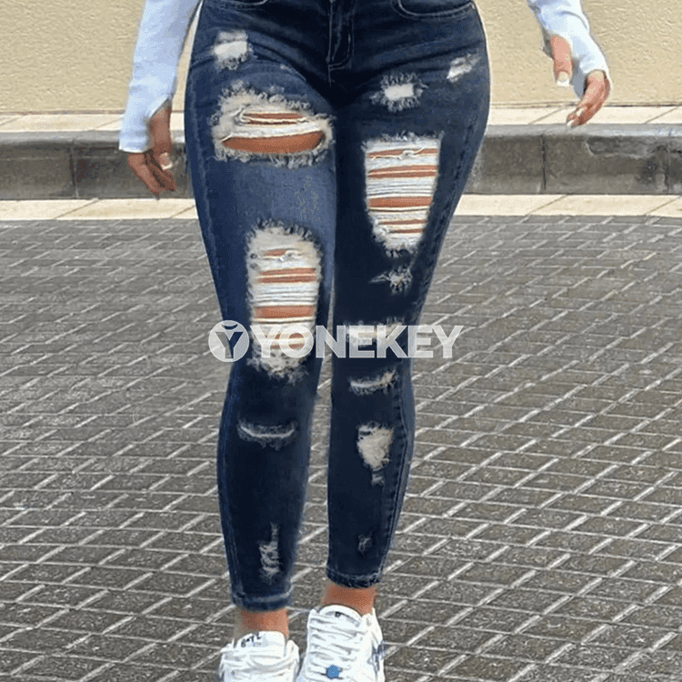 Aýal-gyzlar üçin dar kesimli ýokary uzalýan denim jinsiler