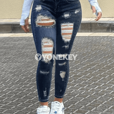 Aýal-gyzlar üçin dar kesimli ýokary uzalýan denim jinsiler