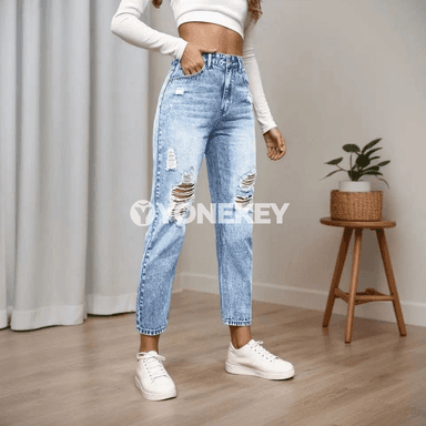 Zenanlar üçin slim jeans, döwükli, rahat streç mataly