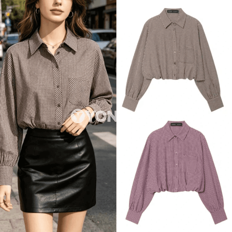 Zenanlar üçin kädeli ýeňli plaid bluzka, ýeňil we sypaýy stil