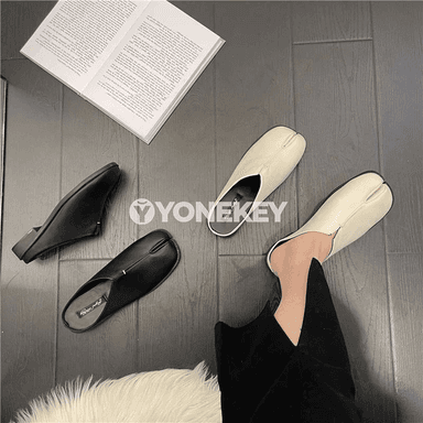 Zenanlar üçin split-toe deri flat köwüşler, rahat mules