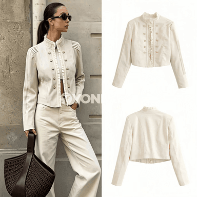 Zenanlar üçin vintage goşa düwmeli ýeňli penjek, ýazky stil