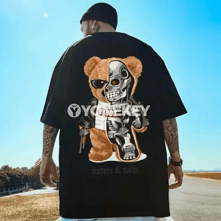 Erkekler üçin vintage aýy şekilli çaply giň futbolka, M-8XL
