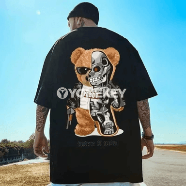 Erkekler üçin vintage aýy şekilli çaply giň futbolka, M-8XL