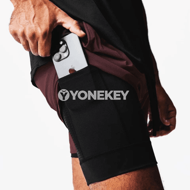 Erkekler üçin iki gatly sport şorty, dem alýan, çalt guradýan