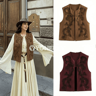 Zenanlar üçin gülli tikinli ýeňsiz vintage top