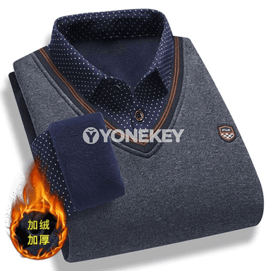 Erkekler üçin ýyly fleece trikotaž polo, uzyn ýeňli, gyşky rahat üst geýimi