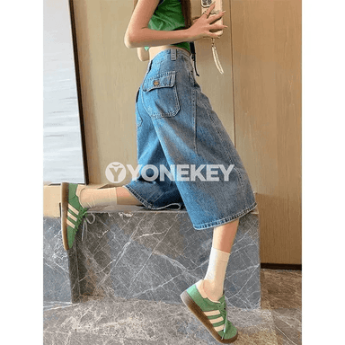 Zenanlar üçin giň balakly ýokary belli jeans, ýeňil gündelik model