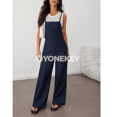 Aýallar üçin denim kombinezon köýnek, ýokary boýunli giň balakly model