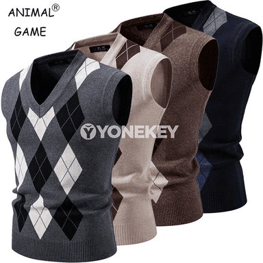 Erkekler üçin V boýun ýeňsiz argyle trikotaž switer-jilet