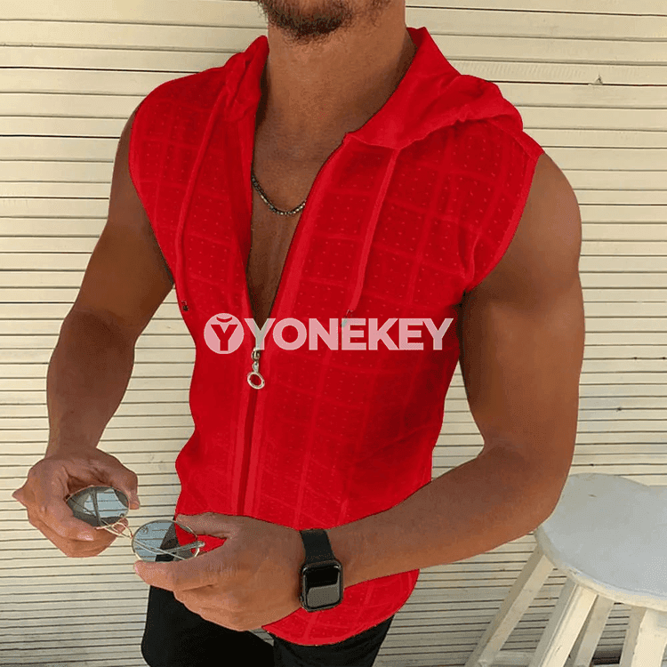 Erkekler üçin ýeňil, dem alýan kapýuşonly ýeňsiz futbolka