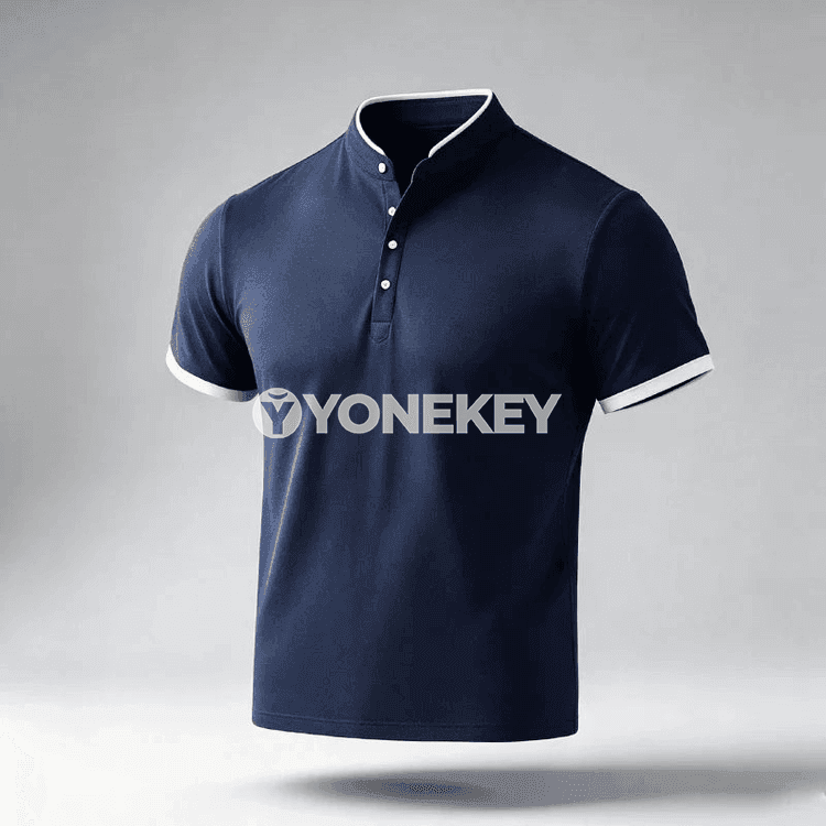 Erkekler üçin minimal stend ýakaly gysga ýeňli polo köýnek