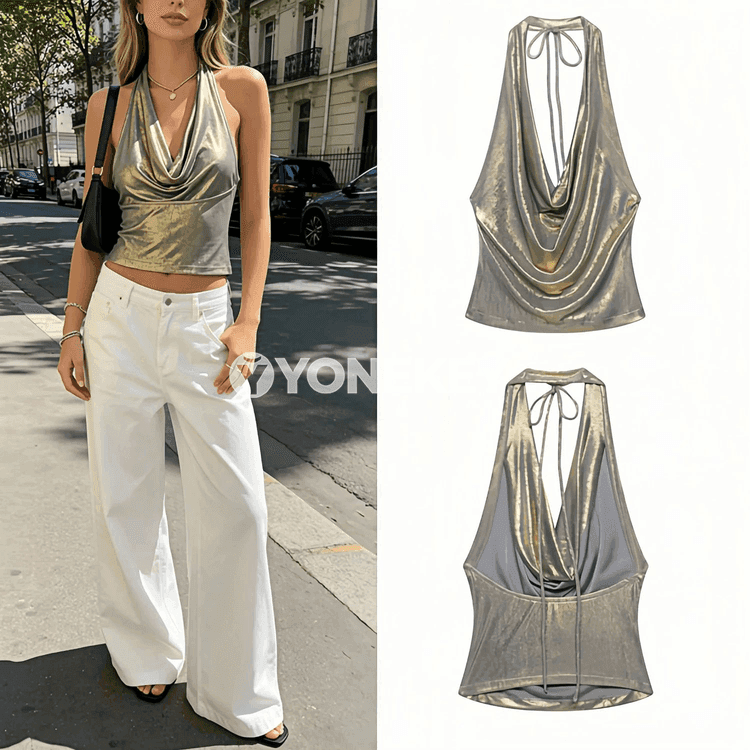 Aýal-gyzlar üçin altyn reňkli halter crop-top, ýeňsiz, arkasy açyk
