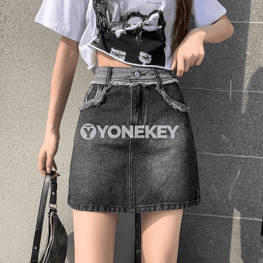 Zenanlar üçin ýokary belli denim mini ýubka, dar kesim