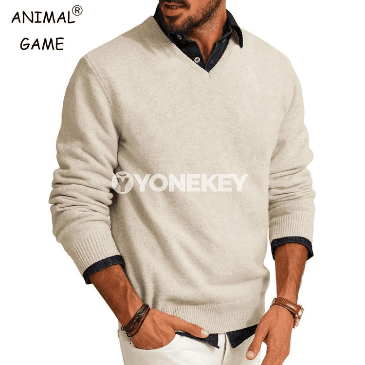 Erkekler üçin V boýun ýeňil switer, güýz-gyş üçin amatly model