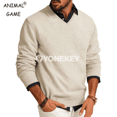 Erkekler üçin V boýun ýeňil switer, güýz-gyş üçin amatly model
