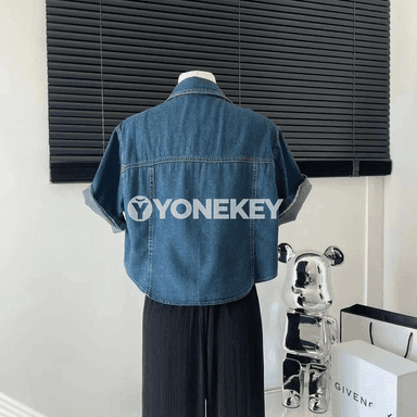 Zenanlar üçin denim köýnek-jaket, ýeňli ýeňil ýaz-tomus modeli