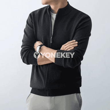Erkekler üçin ýyly zipli kardigan, slim fit trikotaž switer