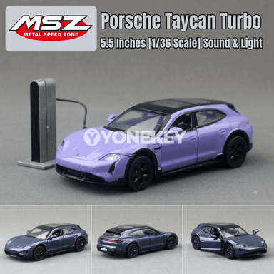 Porsche Taycan Turbo S 1:36 metal awtoulag modeli, sesli we ýagtyly
