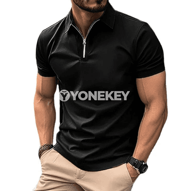 Erkekler üçin ýeňil gysga ýeňli polo futbolka, fermuarly, tomuslyk