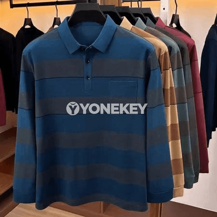 Erkekler üçin zolakly uzyn ýeňli polo kofta, döş jübüli