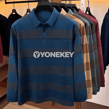 Erkekler üçin zolakly uzyn ýeňli polo kofta, döş jübüli