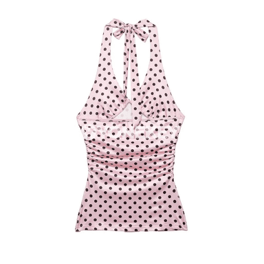 Zenanlar üçin polka nokatly ýeňsiz top, açyk eginli, tomusky