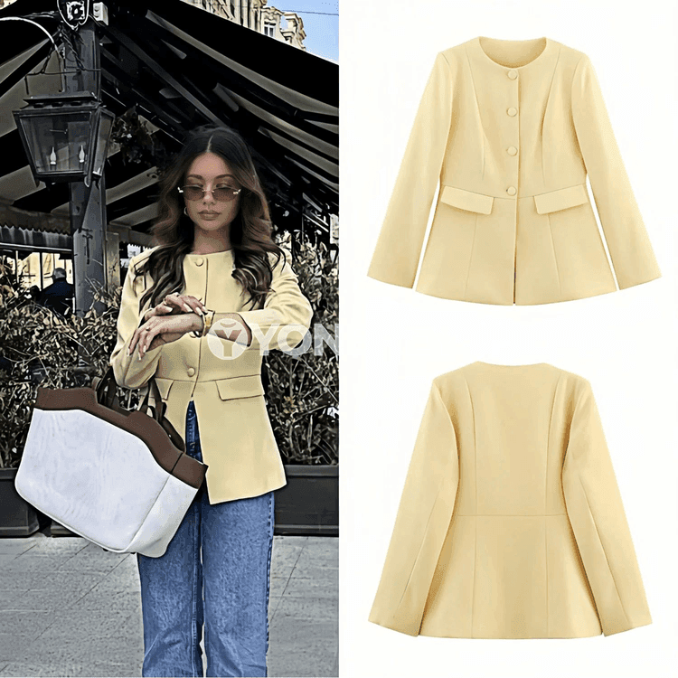 Zenanlar üçin ýazky slim blazer jaket, sary reňkde