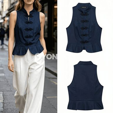 Zenanlar üçin ýazky ýeňsiz düwmejikli moda bluzka