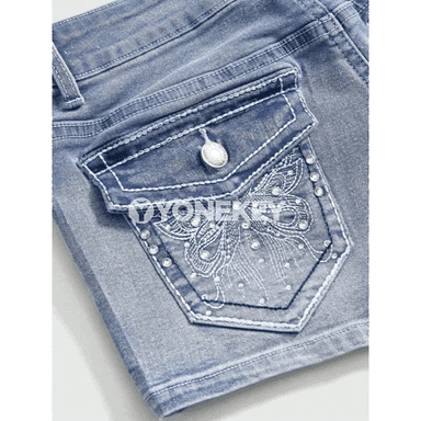 Zenanlar üçin beýikli denim şortik, bezegli daşly, tomusky stil