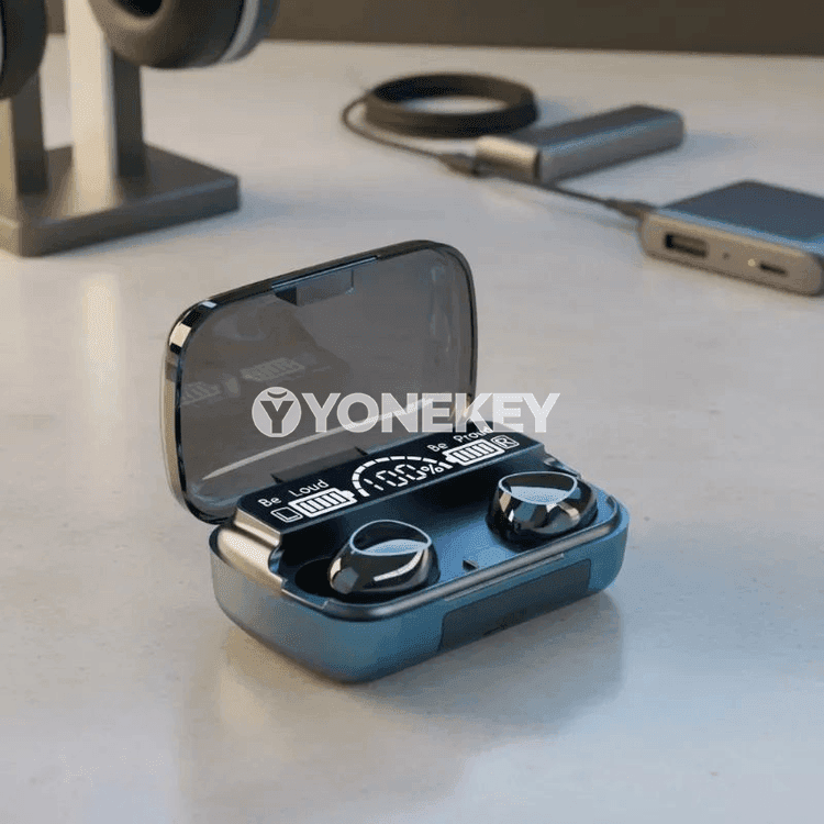 M10 TWS Bluetooth 5.3 nauşnikler, 3500mAh zarýad gaply, mikrofonly
