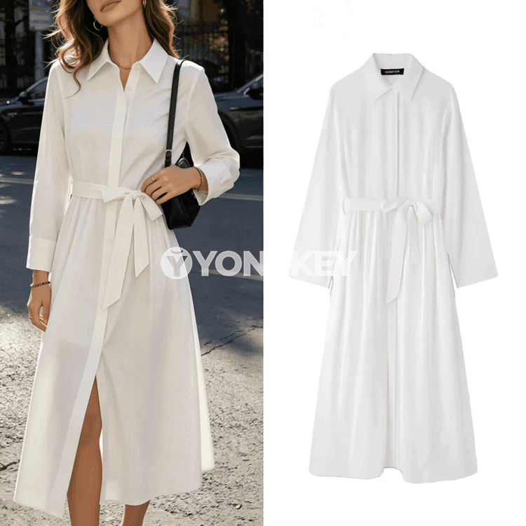 Aýal-gyzlar üçin ak ýeňli, guşakly minimalist maxy köýnek
