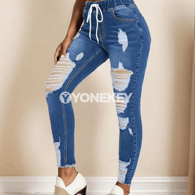 Zenanlar üçin dar kesimli denim jalbar, ýokary gysyşly gündelik stil