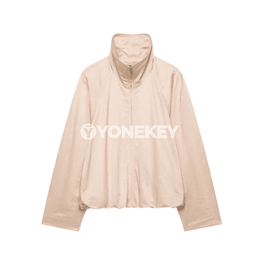Aýallar üçin ýakasy ýokary, giň kesimli zipli gysga jaket