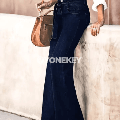 Zenanlar üçin goýy gök giň balakly jeans, ýokary bel