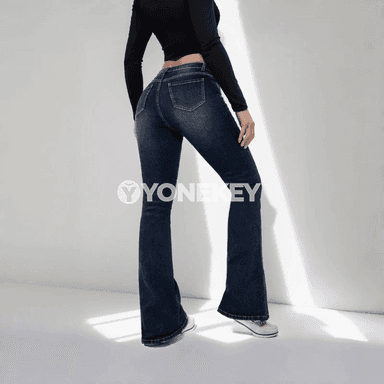 Zenanlar üçin giň kesimli ýokary bil jinsy balaklar, gök denim