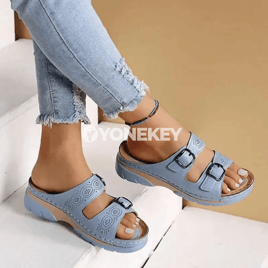 Zenanlar üçin rahat tomus şypbyklary, goşa tokaly platformaly sandal