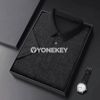 Erkekler üçin geometrik nagyşly ýeňil polo köýnek, tomuslyk rahat model