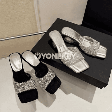 Sequinli ýokary ökjeli açyk burun aýal sandallary, tomus modeli