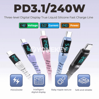 NNBILI 240W USB-C to Type-C çalt zarýad kabeli, displeýli